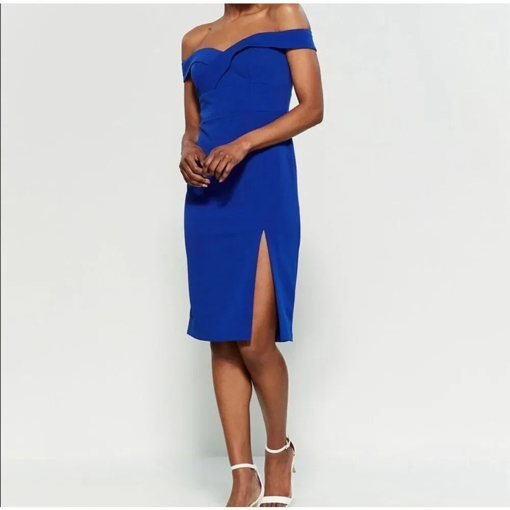Aiden Mattox royal blue off the shoulder side slit sheath dress size 2